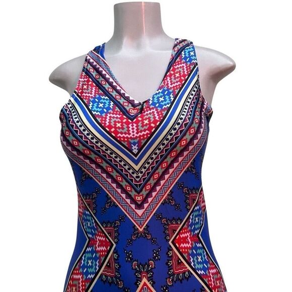 Boho Tribal Maxi Dress Women's S/M Multi Geometric V-neck Sleeveless Racerback - Picture 2 of 12